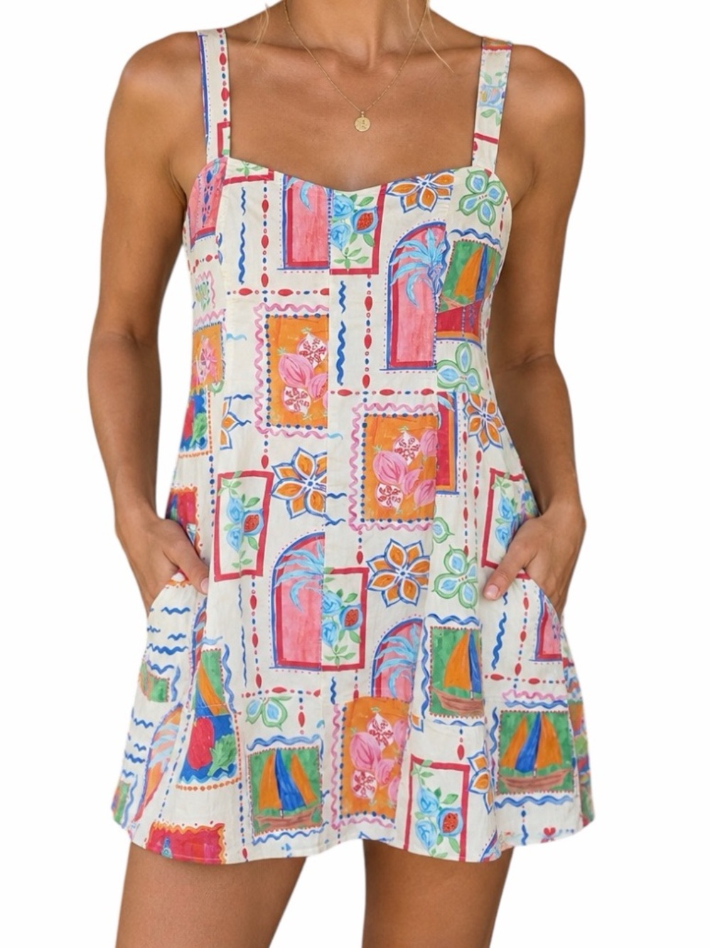 Avec Les Filles Postcard Print Mini Dress Fit and Flare Stretchy Size 12